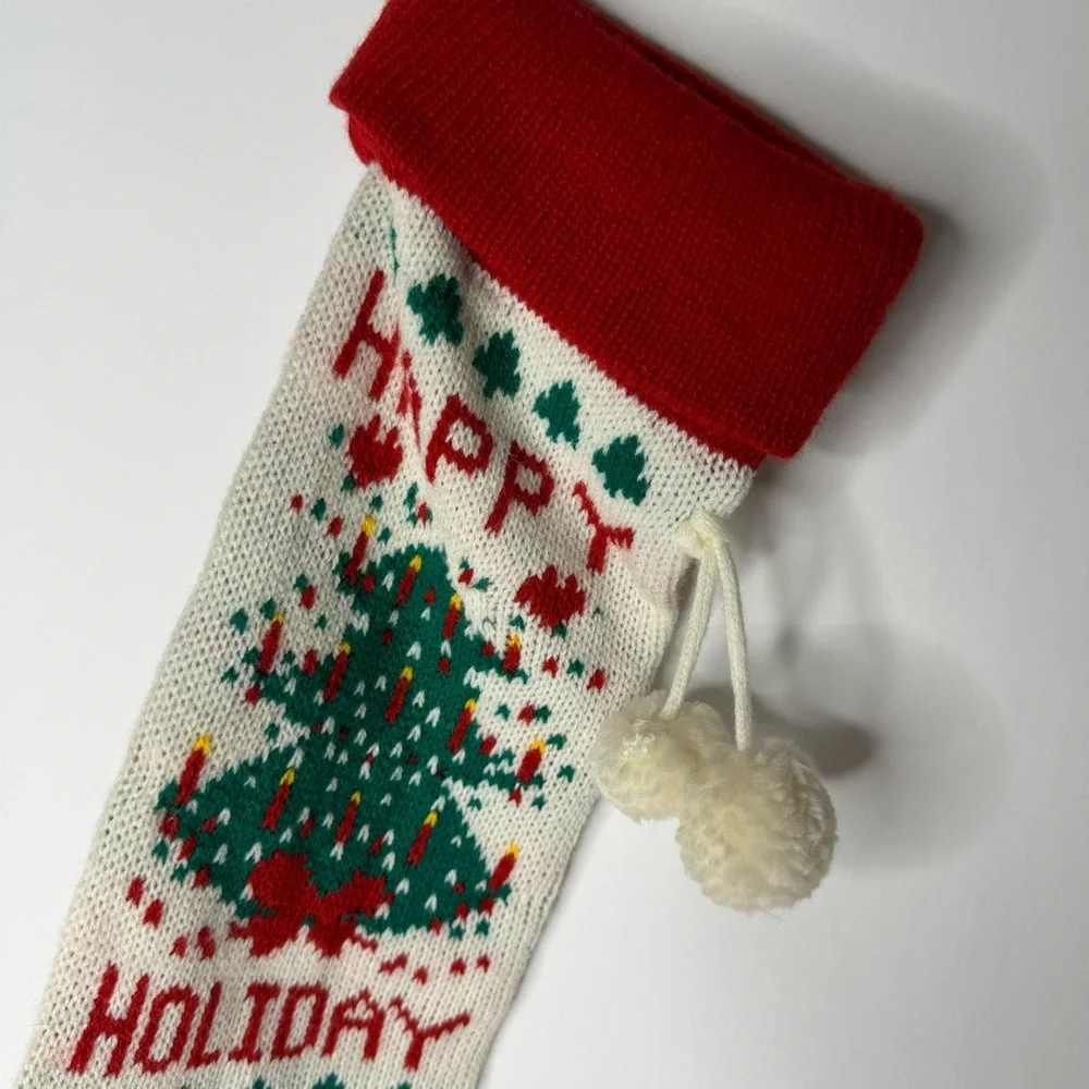 Vintage Knitted Christmas Stocking Happy Holiday Tree Design‎